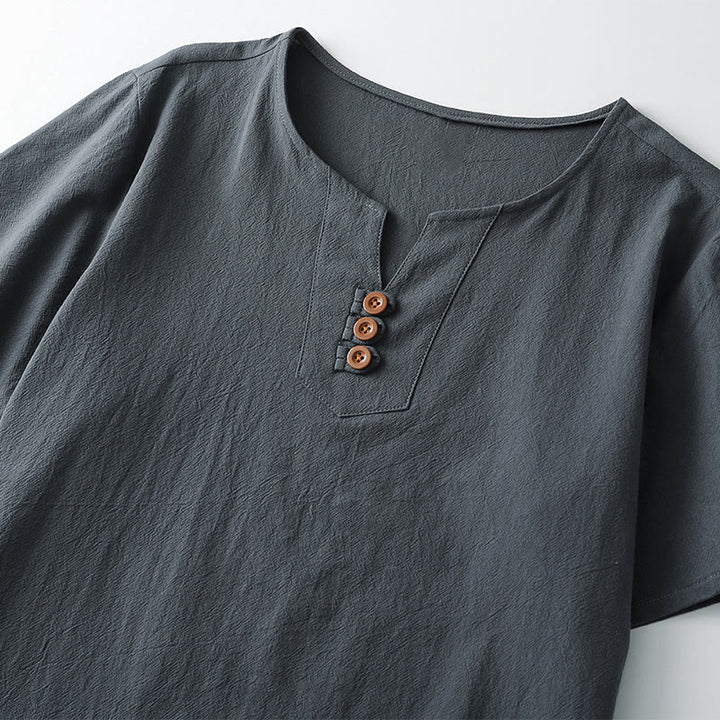 Buddha Stones Men's T-Shirt Solid Color Top Short Sleeve Three-button V Collar Soft Cotton Shirt - image 2