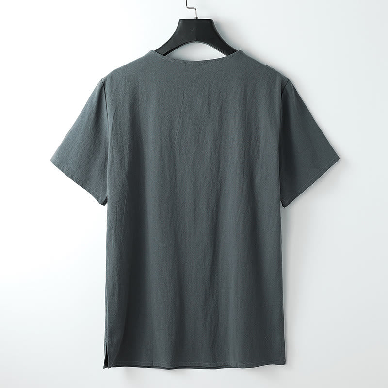 Buddha Stones Men's T-Shirt Solid Color Top Short Sleeve Three-button V Collar Soft Shirt - image 1