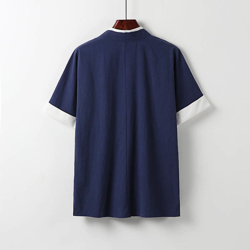 Buddha Stones Fake Two-piece Men's Half Sleeve Cardigan Embroidery Hanfu Comfort Cotton Kimono - image 3