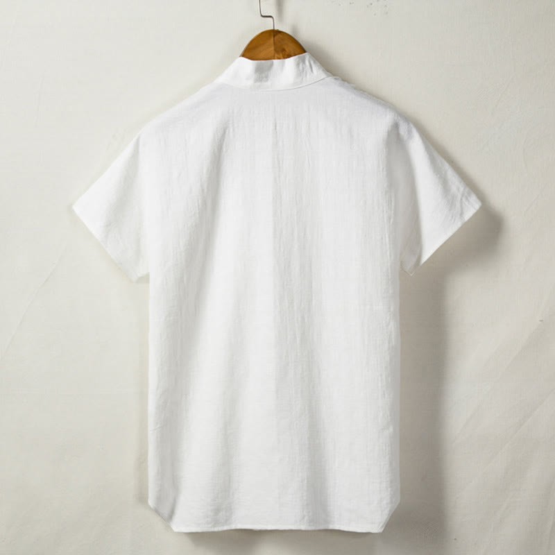 Buddha Stones Men's Short Sleeve Shirt With Pocket Notched Neck Cardigan Comfort Cotton Linen Shirt - image 3