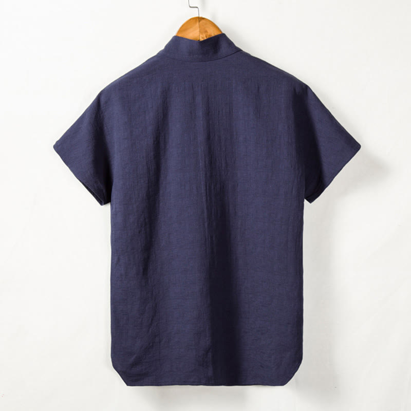 Buddha Stones Men's Short Sleeve Shirt With Pocket Notched Neck Cardigan Comfort Cotton Linen Shirt - image 7