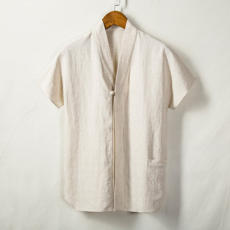 Buddha Stones Men's Short Sleeve Shirt With Pocket Notched Neck Cardigan Comfort Cotton Linen Shirt - image 0