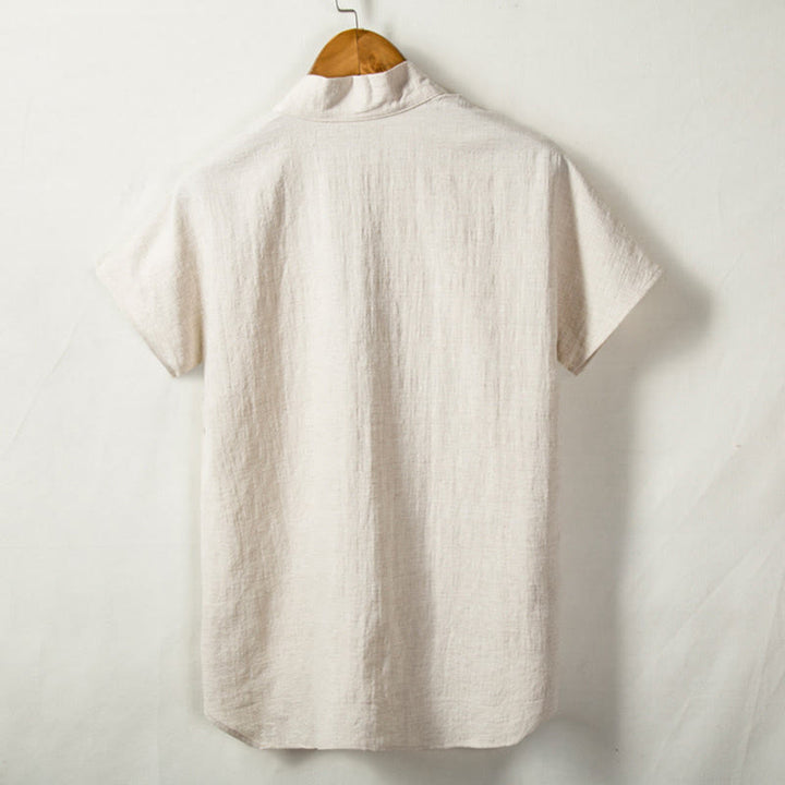 Buddha Stones Men's Short Sleeve Shirt With Pocket Notched Neck Cardigan Comfort Cotton Linen Shirt - image 1