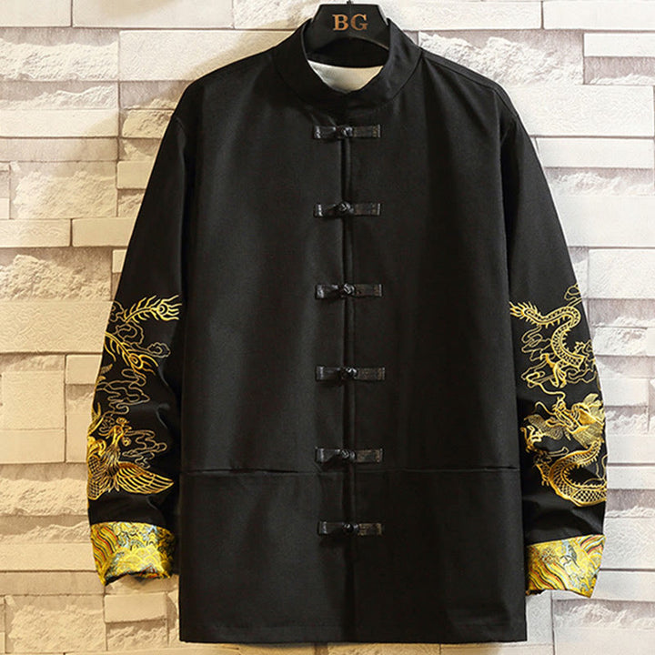 Buddha Stones Embroider Dragon Phoenix Casual Frog-button Cotton Men's Jacket Shirt Clothing - Black - US/UK/AU46，EU56 (5XL) - image 0