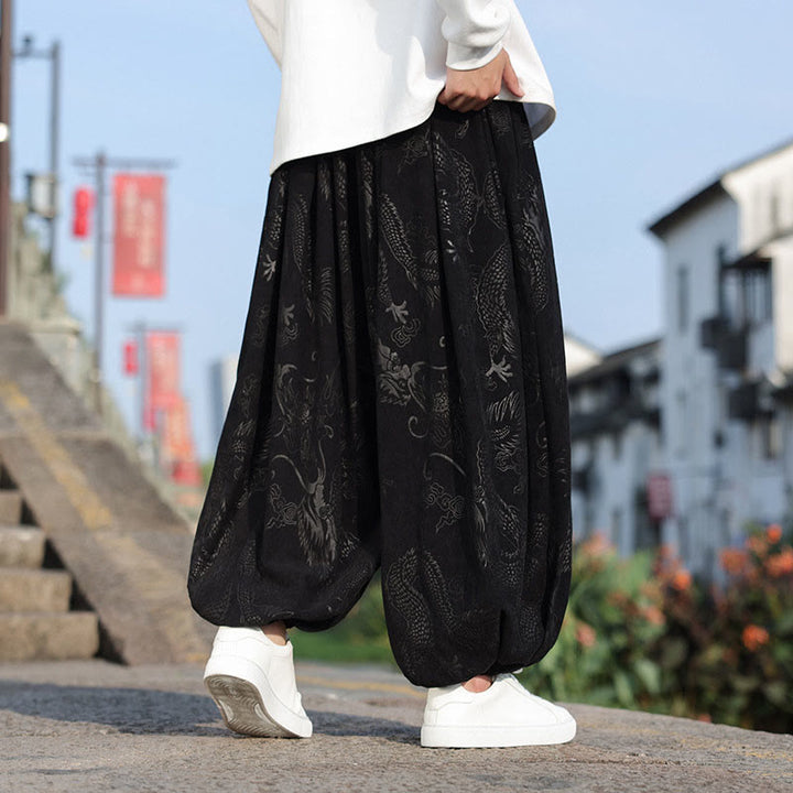 Buddha Stones Dragon Design Casual Plain Cotton Men's Pants With Pockets