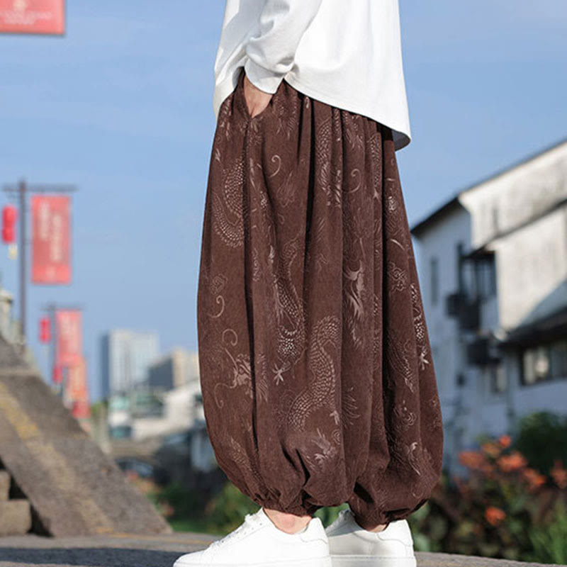 Buddha Stones Dragon Design Casual Plain Cotton Men's Pants With Pockets