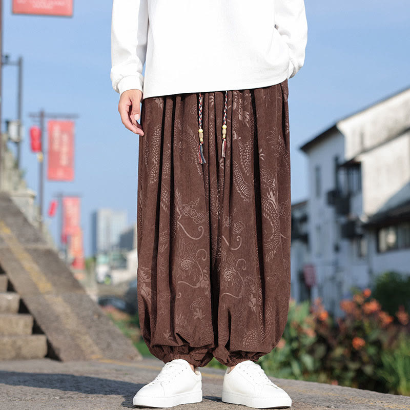 Buddha Stones Dragon Design Casual Plain Cotton Men's Pants With Pockets