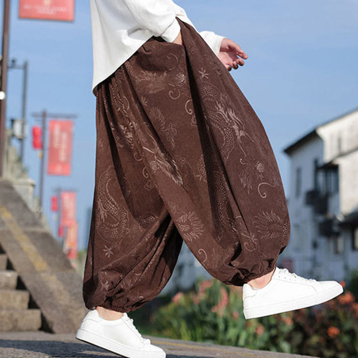 Buddha Stones Dragon Design Casual Plain Cotton Men's Pants With Pockets