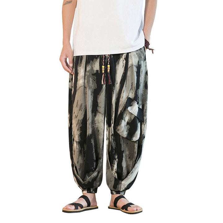 Buddha Stones Ice Silk Drop Ink Tie-dye Gradient Stripes Casual Cotton Men's Pants With Pockets