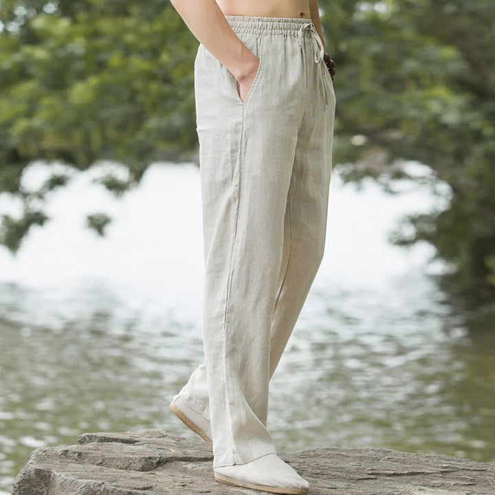 Buddha Stones Solid Color Cotton Linen Men's Wide Leg Pants With Pockets - image 1