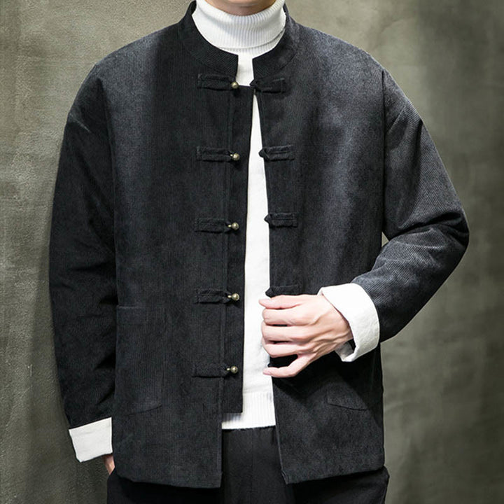 Buddha Stones Solid Color Frog-button Cotton Men's Jacket Shirt Clothing - Black - US/UK/AU46，EU56 (5XL) - image 0