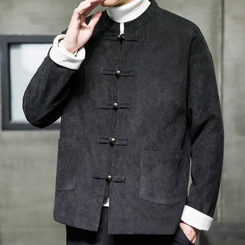 Buddha Stones Solid Color Frog-button Cotton Men's Jacket Shirt Clothing - image 3