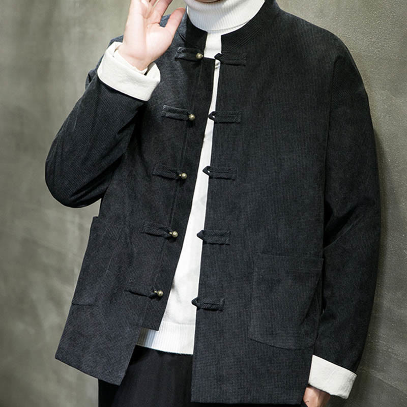 Buddha Stones Solid Color Frog-button Cotton Men's Jacket Shirt Clothing - image 2