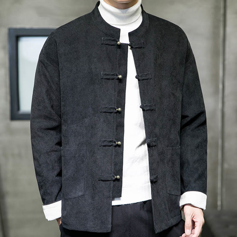 Buddha Stones Solid Color Frog-button Cotton Men's Jacket Shirt Clothing - image 1