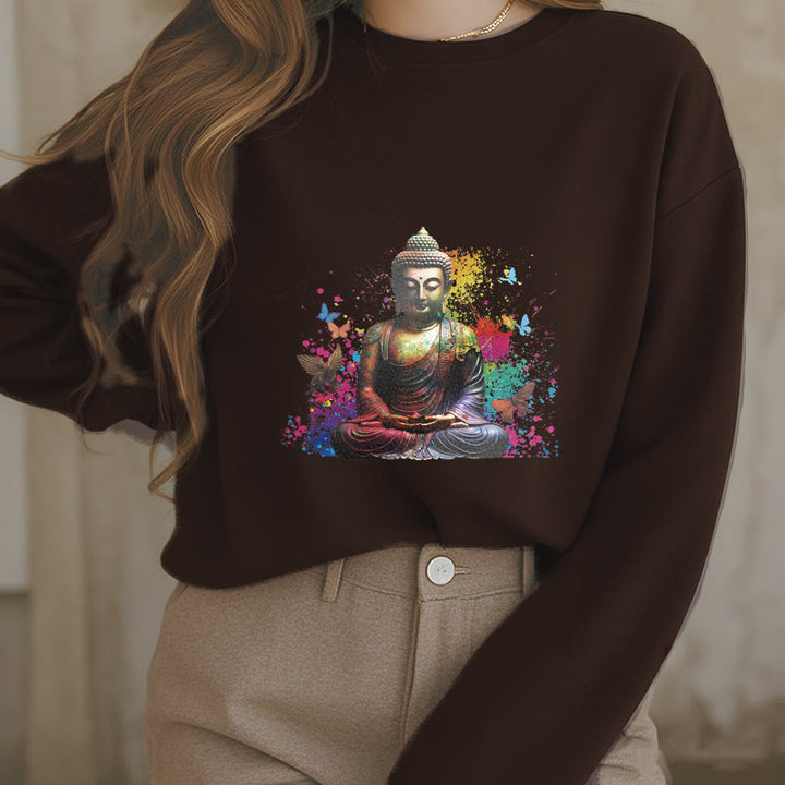 Buddha Stones Colorful Butterfly Flying Meditation Buddha Fleece Lined Polyester Sweatshirt