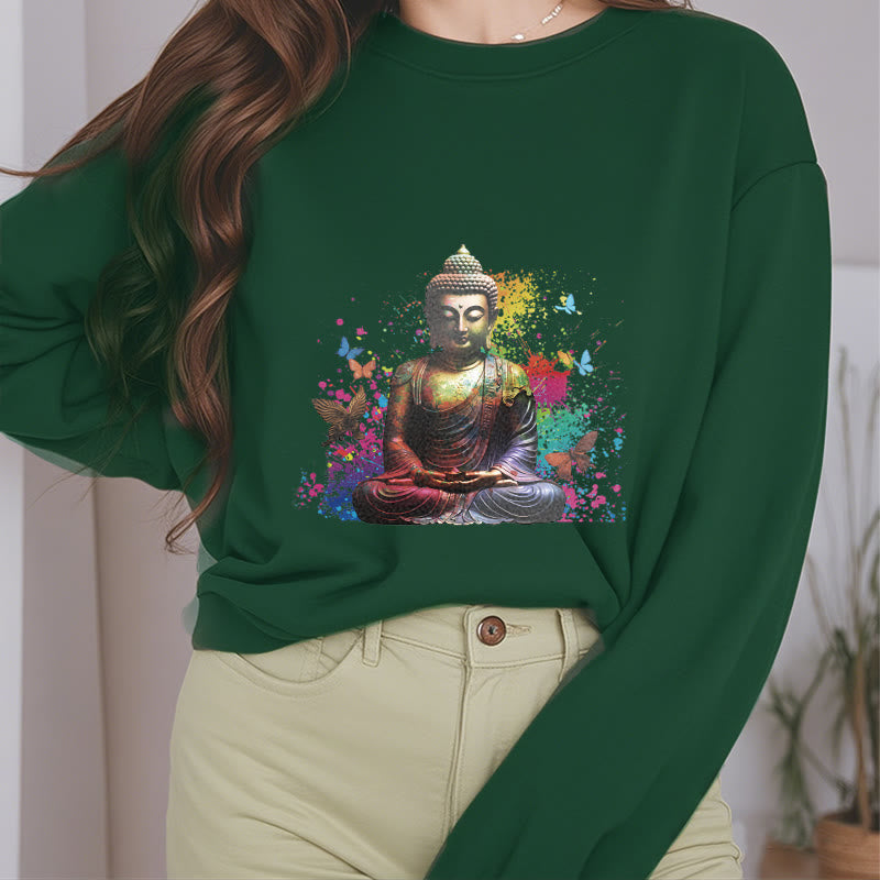 Buddha Stones Colorful Butterfly Flying Meditation Buddha Fleece Lined Polyester Sweatshirt