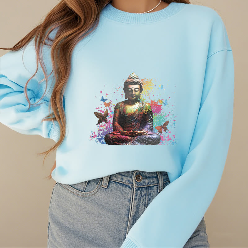 Buddha Stones Colorful Butterfly Flying Meditation Buddha Fleece Lined Polyester Sweatshirt