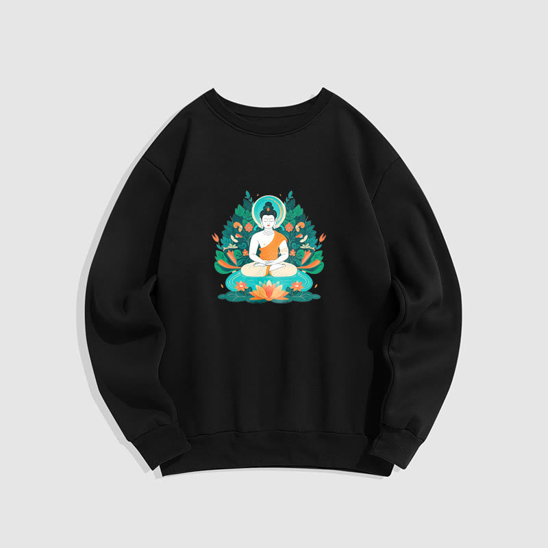 Buddha Stones Lotus Buddha Round Neck Fleece Lined Sweatshirt