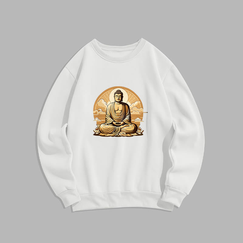 Buddha Stones Sun Auspicious Clouds Buddha Round Neck Fleece Lined Sweatshirt