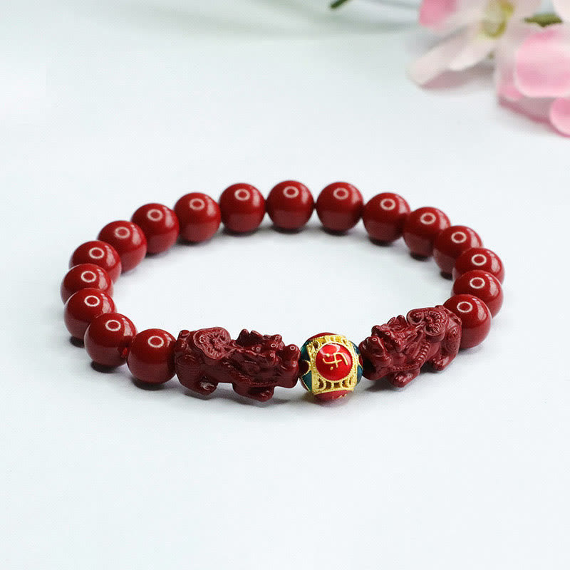 Buddha Stones Cinnabar Double PIXIU Keep Away Evil Spirits Bracelet