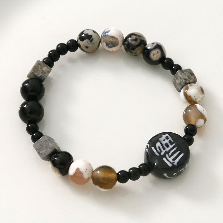 Buddha Stones Black Onyx Ceramics Agate Black Glitter Stone Fortune Fu Character Bracelet