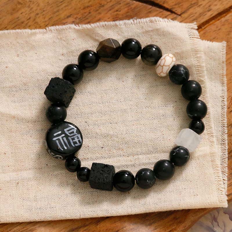 Buddha Stones Black Onyx Ceramics Agate Black Glitter Stone Fortune Fu Character Bracelet