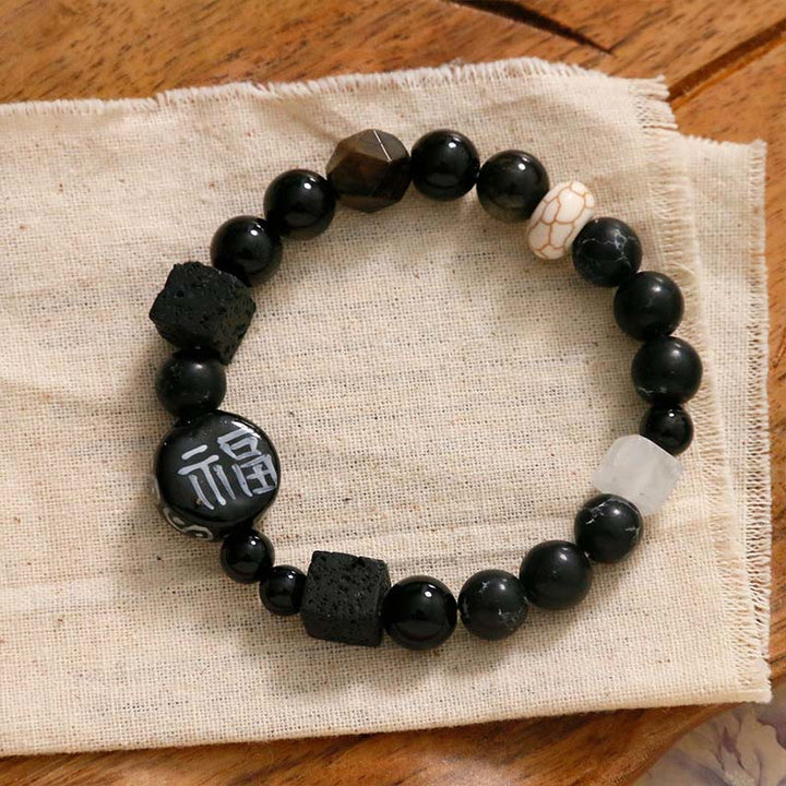 Buddha Stones Black Onyx Ceramics Agate Black Glitter Stone Fortune Fu Character Bracelet