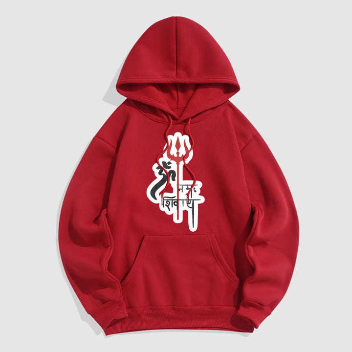 Buddha Stones OM NAMAH SHIVAYA Red Trident Profile Fleece Lined Polyester Hoodie