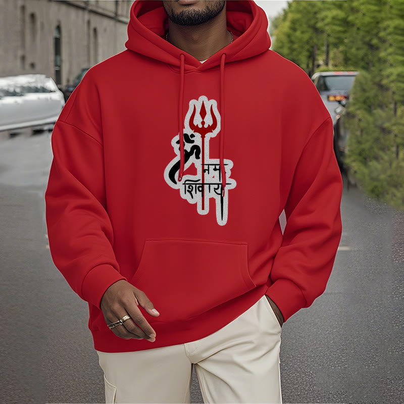 Buddha Stones OM NAMAH SHIVAYA Red Trident Profile Fleece Lined Polyester Hoodie