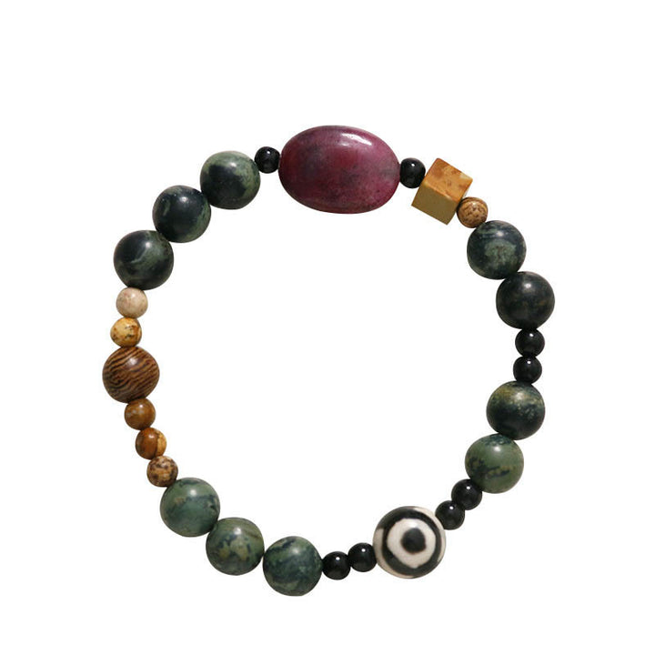 Buddha Stones Green Agate Three-eyed Dzi Bead Power Success Bracelet