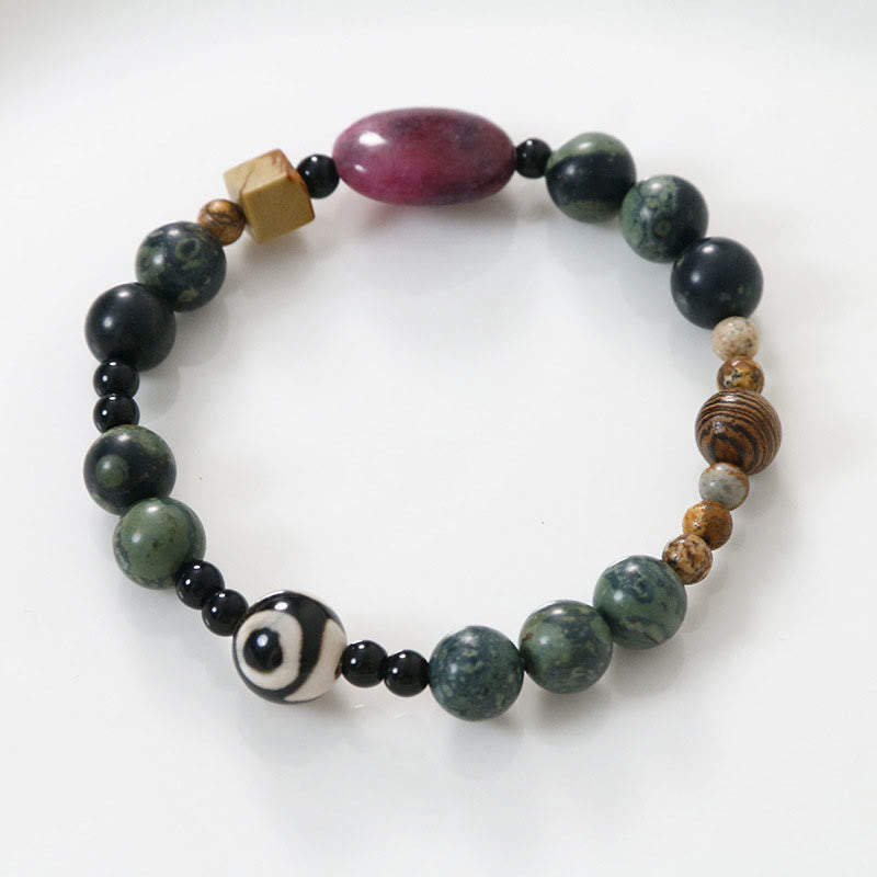 Buddha Stones Green Agate Three-eyed Dzi Bead Power Success Bracelet