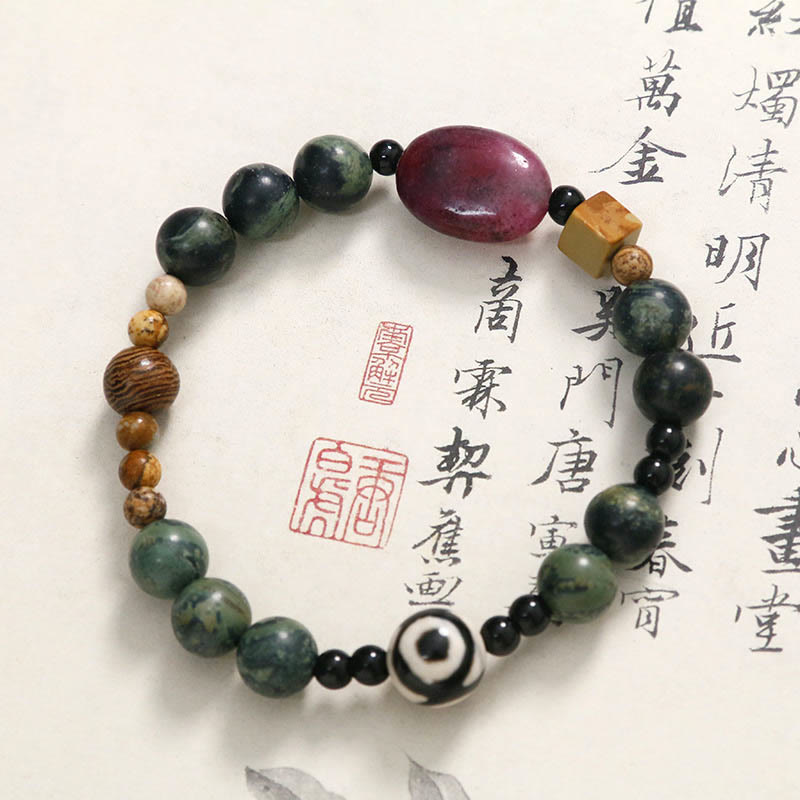 Buddha Stones Green Agate Three-eyed Dzi Bead Power Success Bracelet