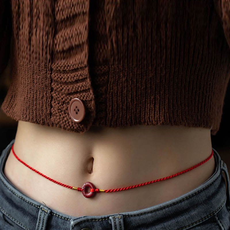 Buddha Stones Natural Cinnabar Peace Buckle Blessing Red String Belly Chain