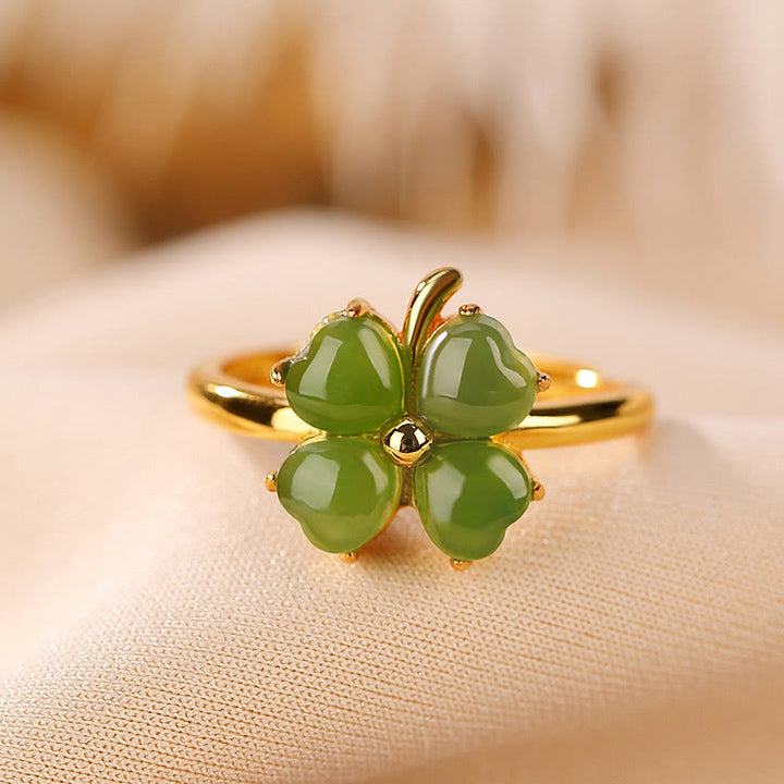 Buddha Stones 925 Sterling Silver Plated Gold Clover Hetian Cyan Jade Abundance Adjustable Ring