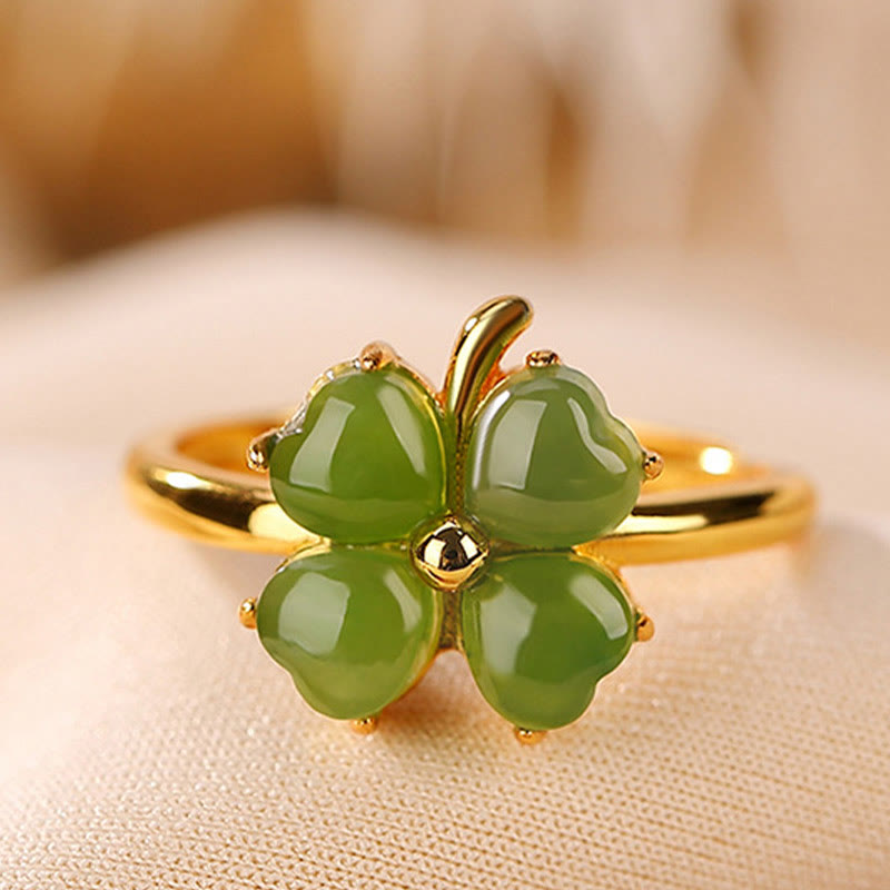 Buddha Stones 925 Sterling Silver Plated Gold Clover Hetian Cyan Jade Abundance Adjustable Ring