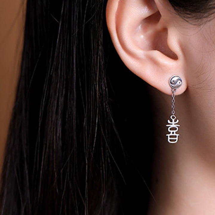 Buddha Stones 925 Sterling Silver Chinese Character 'Ping An' 'Xi Le' Protection Earrings