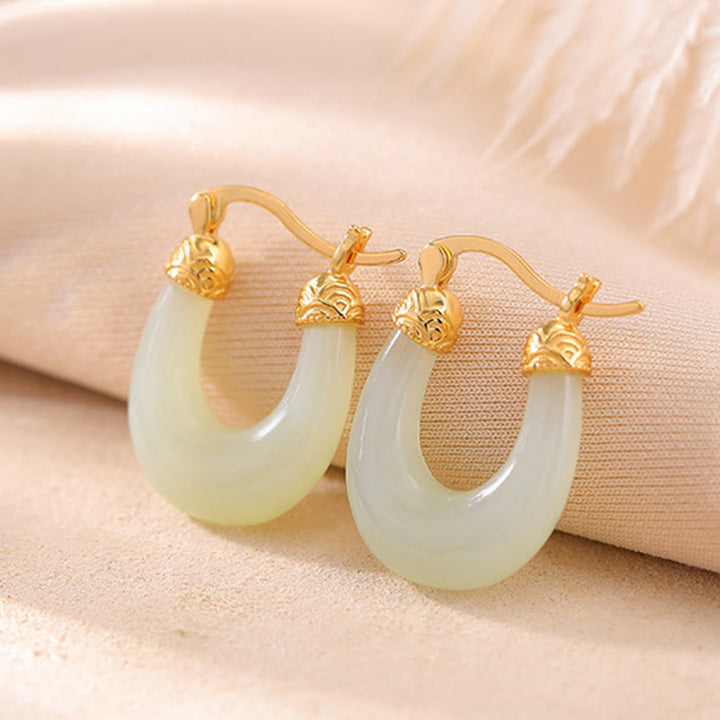 Buddha Stones 925 Sterling Silver Plated Gold Hetian Jade U-shaped Abundance Luck Earrings