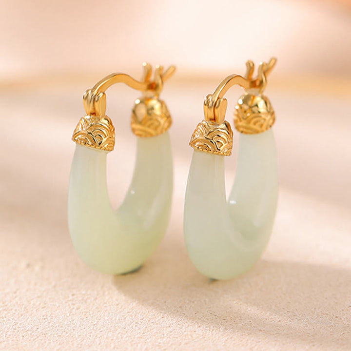 Buddha Stones 925 Sterling Silver Plated Gold Hetian Jade U-shaped Abundance Luck Earrings