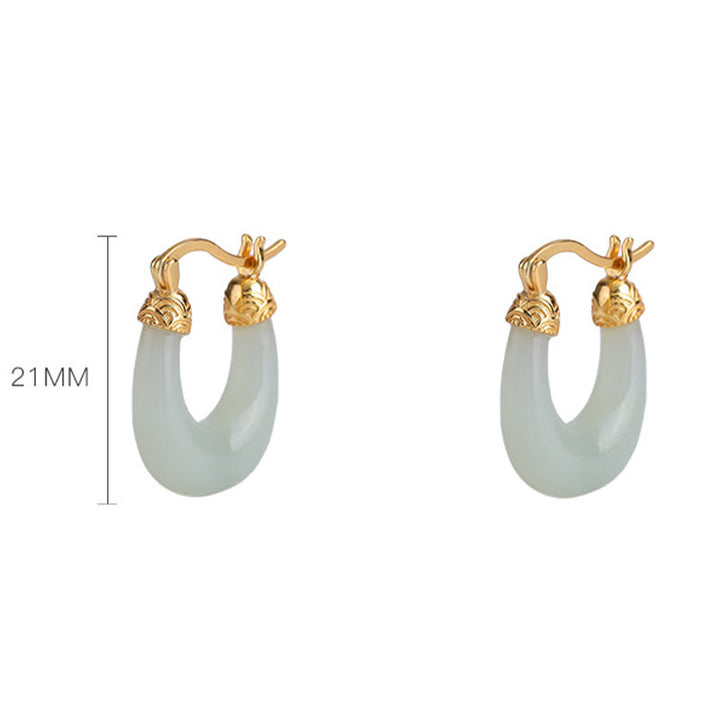 Buddha Stones 925 Sterling Silver Plated Gold Hetian Jade U-shaped Abundance Luck Earrings