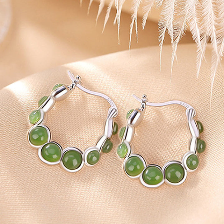 Buddha Stones 925 Sterling Silver Plated Gold Hetian Cyan Jade Pea Ear Clip Prosperity Earrings