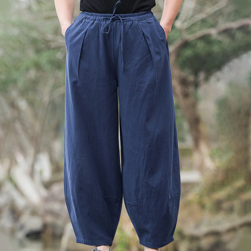 Buddha Stones Plain Casual Linen Bloomer Men's Pants With Pockets