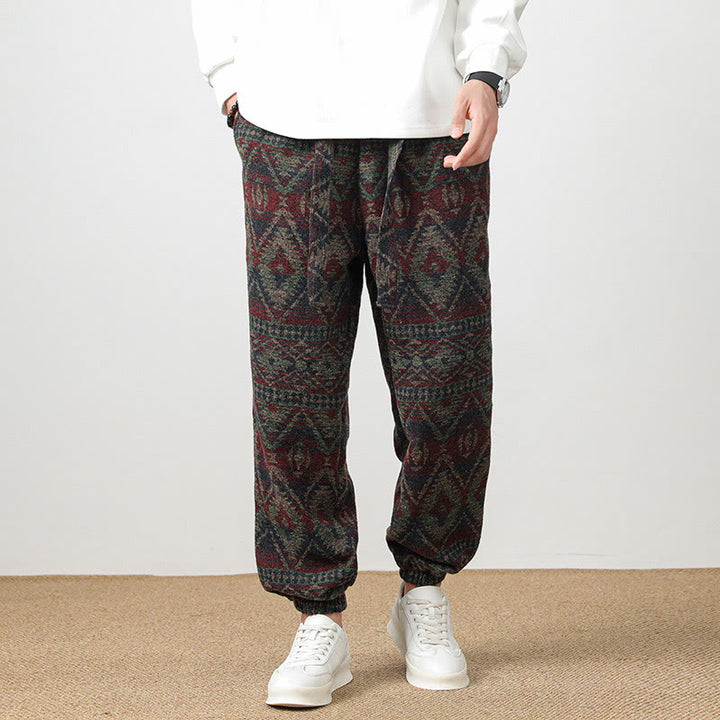 Buddha Stones Jacquard Knitting Casual Cotton Men's Pants With Pockets