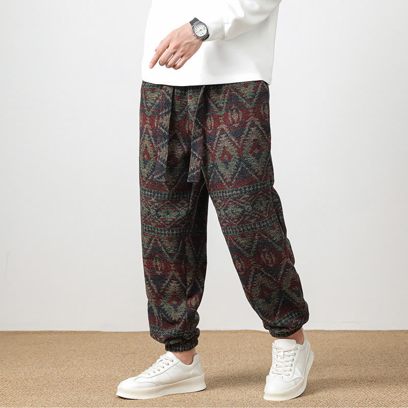 Buddha Stones Jacquard Knitting Casual Cotton Men's Pants With Pockets