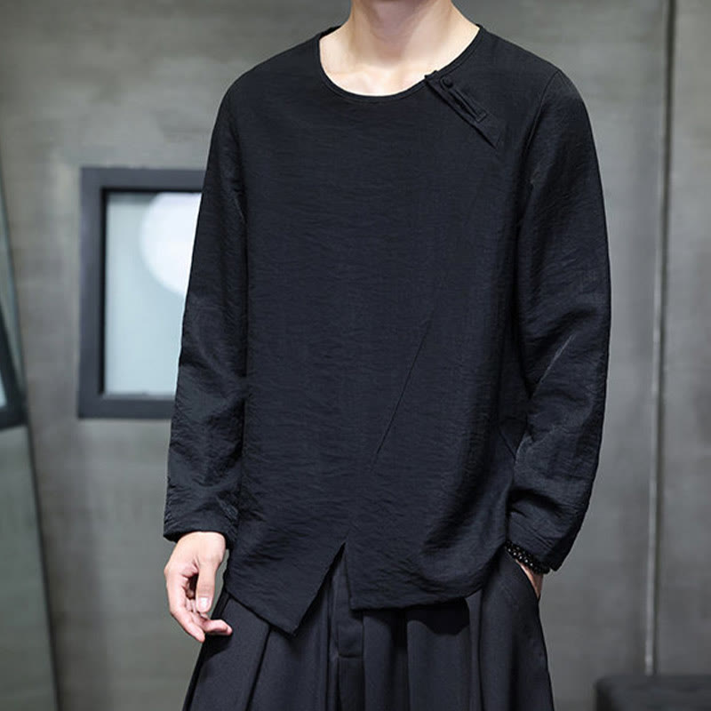 Buddha Stones Solid Color Loose Long Sleeve Round Neck Men's Shirts - image 29