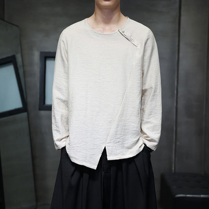 Buddha Stones Solid Color Loose Long Sleeve Round Neck Men's Shirts - LemonChiffon - US/UK/AU44，EU54 (5XL) - image 15