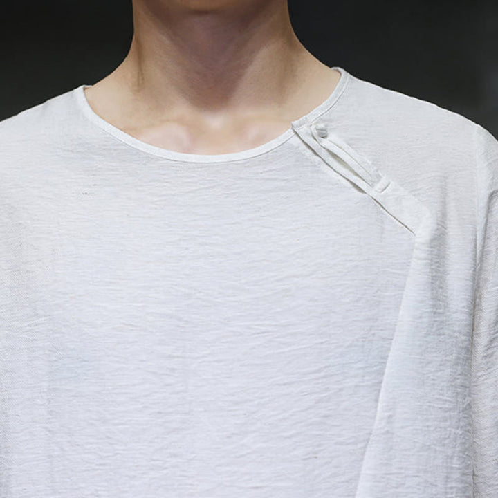 Buddha Stones Solid Color Loose Long Sleeve Round Neck Cotton Men's Shirts - image 13