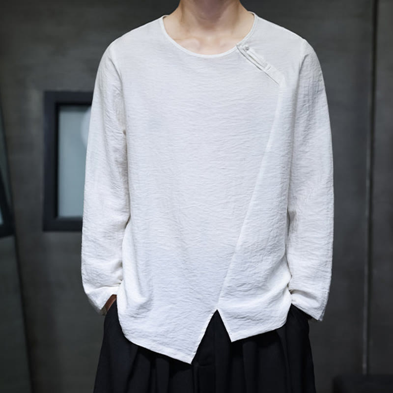 Buddha Stones Solid Color Loose Long Sleeve Round Neck Men's Shirts - image 4