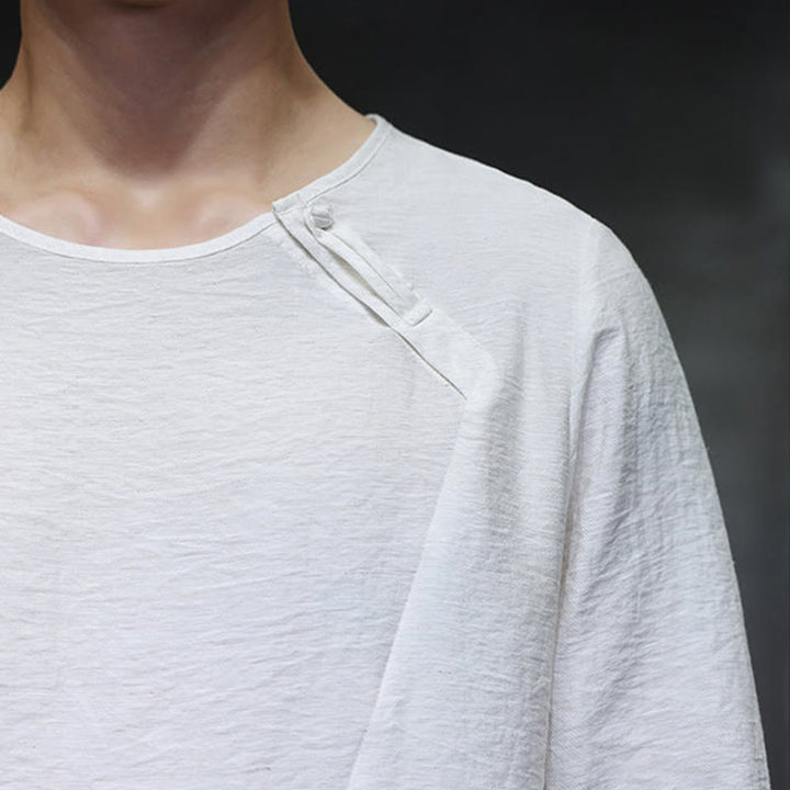 Buddha Stones Solid Color Loose Long Sleeve Round Neck Cotton Men's Shirts - image 12