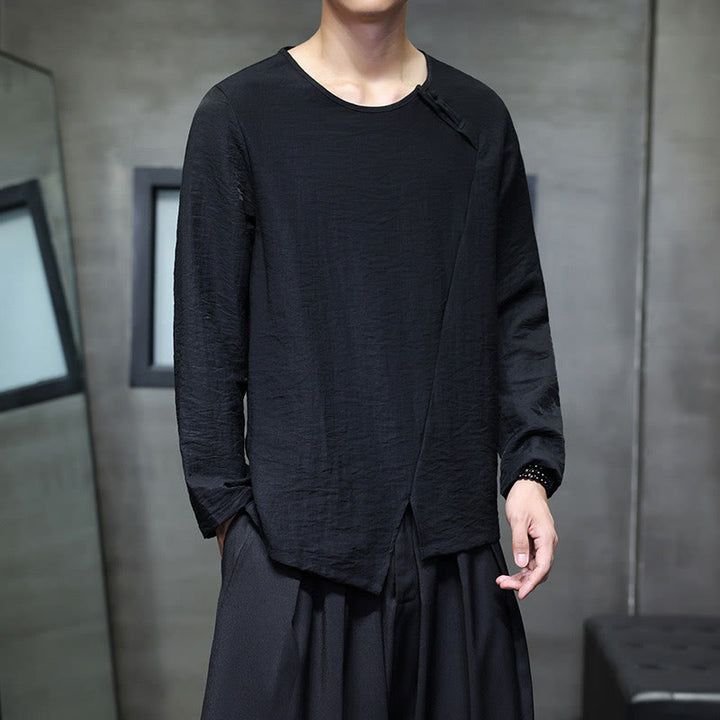 Buddha Stones Solid Color Loose Long Sleeve Round Neck Cotton Men's Shirts - image 27