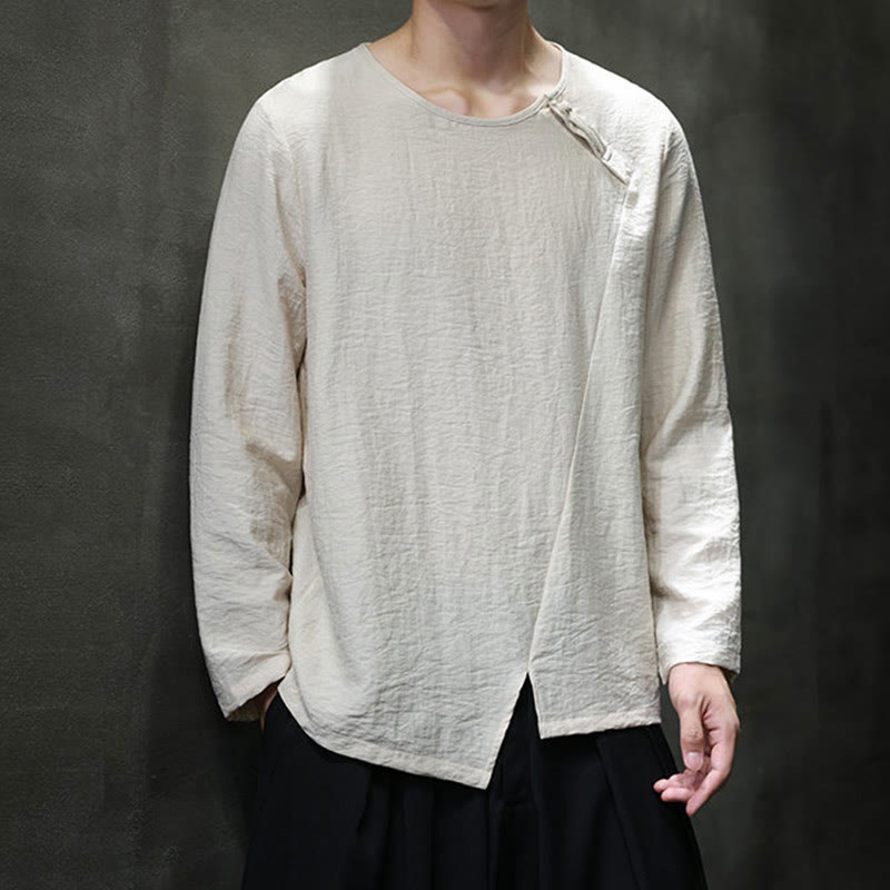 Buddha Stones Solid Color Loose Long Sleeve Round Neck Cotton Men's Shirts - image 21